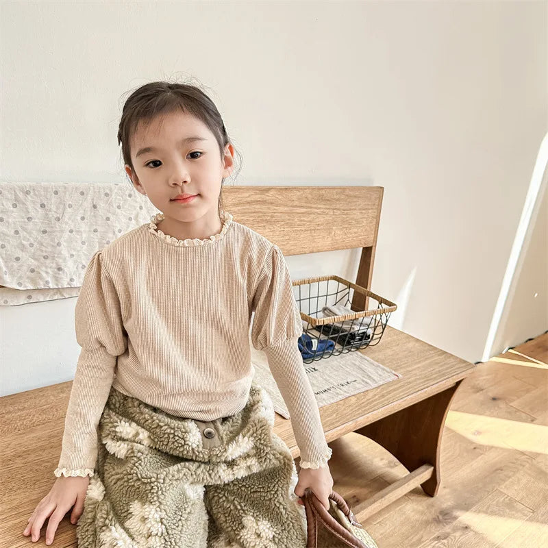 -キッズカットソー ニットTシャツ レースフリル 長袖パフスリーブ 裏フリース 2カラー ガールズ 女の子 子供服 - mamahalo shop - 長袖Tシャツ -  べビー服 - 子供服 - 男の子 - 女の子