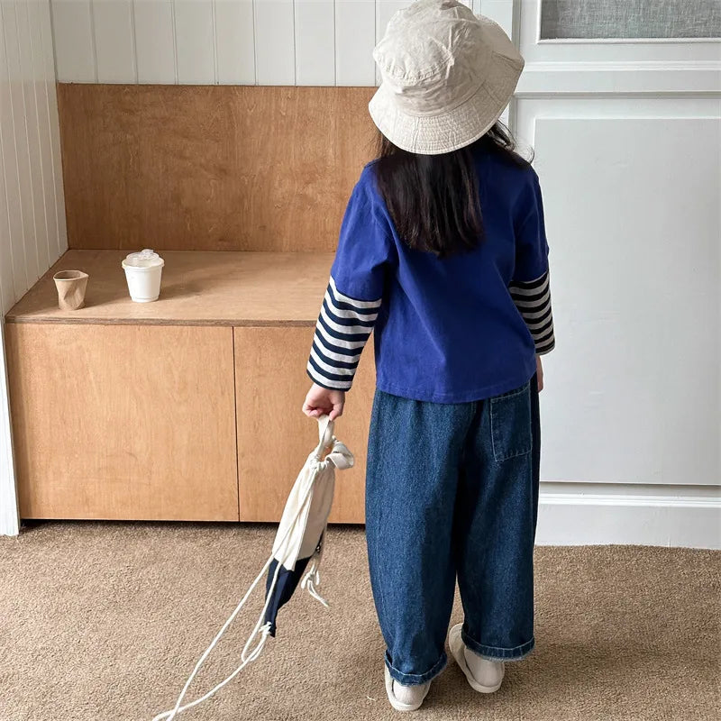 -キッズトップス 長袖ドッキングTシャツ 象エレファントプリント ボーダー袖 2カラー - mamahalo shop - 長袖Tシャツ -  べビー服 - 子供服 - 男の子 - 女の子