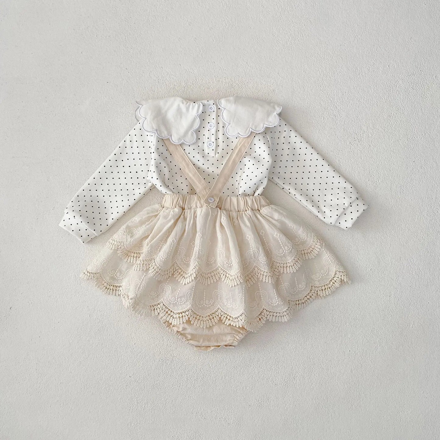 -ベビートップス/パンツ 水玉ドット/無地スクエア襟長袖Tシャツ/サスペンダーレーススカートブルマパンツ - mamahalo shop - 長袖セットアップ -  べビー服 - 子供服 - 男の子 - 女の子