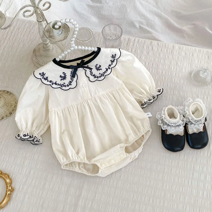 -ベビーロンパース レース刺繍リボン襟長袖ボディスーツ ホワイト - mamahalo shop - 長袖ロンパース -  べビー服 - 子供服 - 男の子 - 女の子