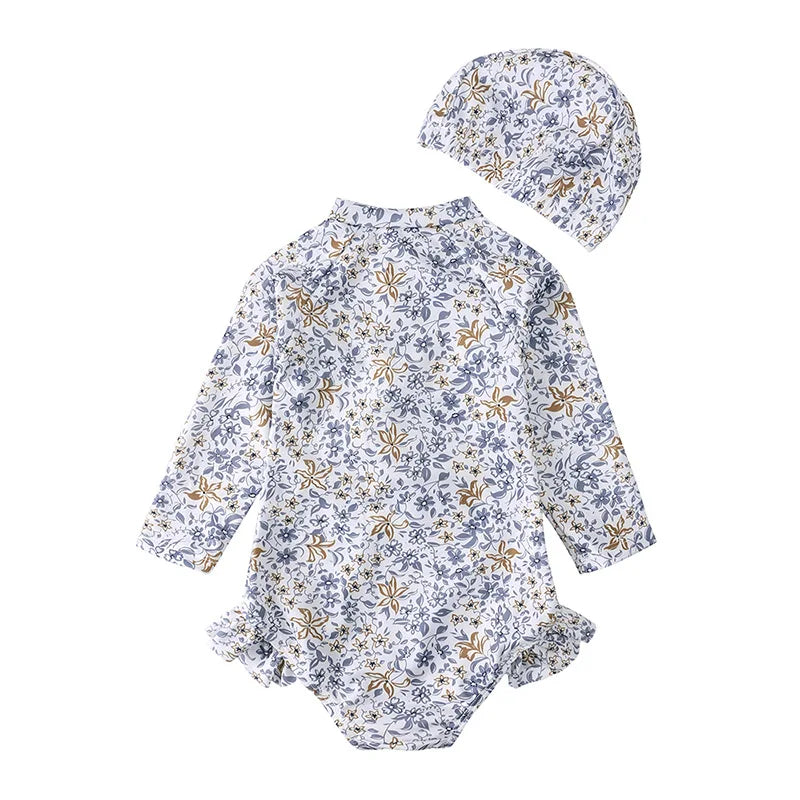 -キッズ水着 長袖ワンピース + キャップ スイムウェア ラッシュガード 帽子セット【mh0004403】 - mamahalo shop - ベビー用水着 -  べビー服 - 子供服 - 男の子 - 女の子