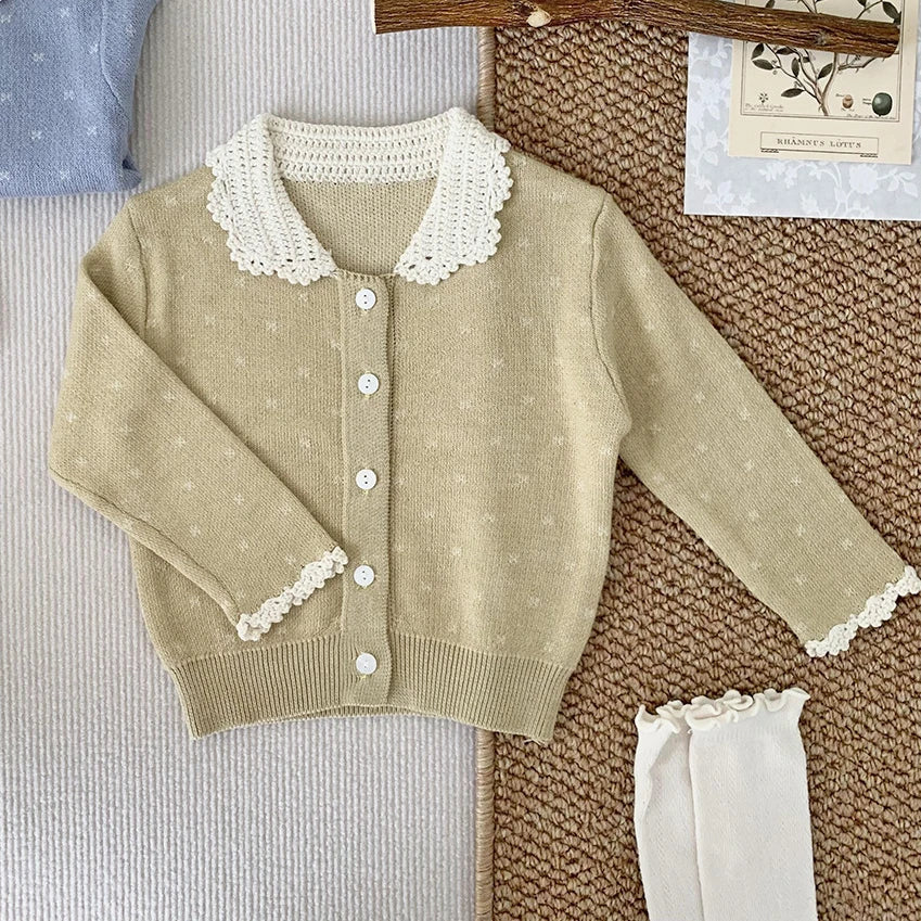 -ベビーキッズカーディガン レース襟 薄手ニットセーター 水玉ドット 2カラー - mamahalo shop - カーディガン・パーカー -  べビー服 - 子供服 - 男の子 - 女の子