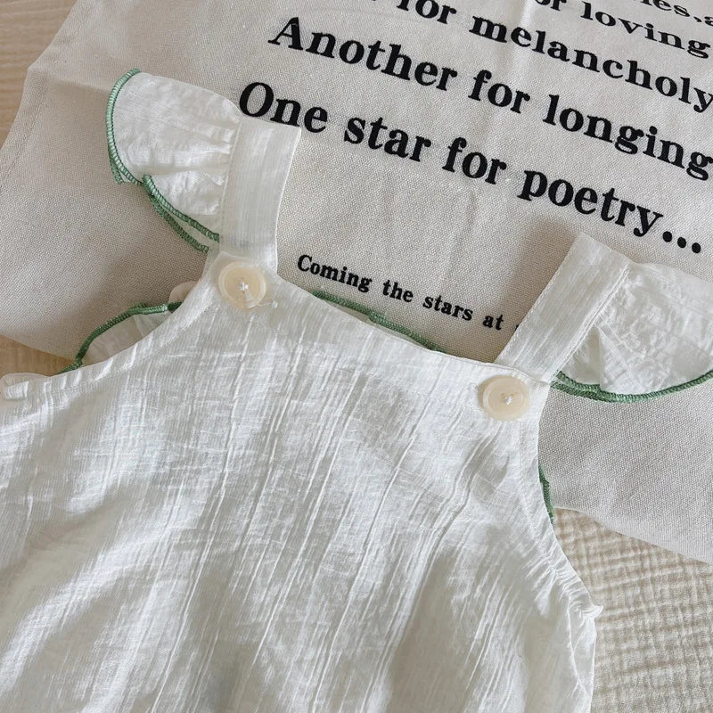 -ベビーロンパース ショルダーフリル ノースリーブボディスーツ リーフフラワー刺繍 ホワイト【mh0005356】 - mamahalo shop - ノースリーブロンパース -  べビー服 - 子供服 - 男の子 - 女の子