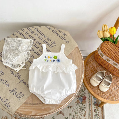 -ベビーロンパース キャミソールフリルボディスーツ バースデー フラワー花柄刺繍【mh0004946】 - mamahalo shop - ノースリーブロンパース -  べビー服 - 子供服 - 男の子 - 女の子