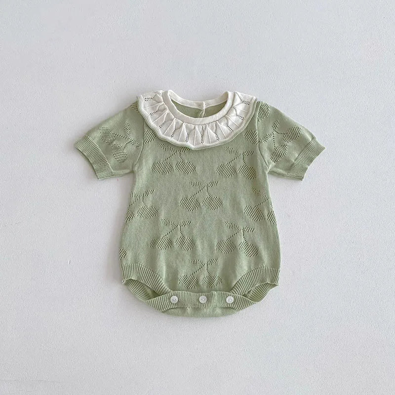 -ベビーロンパース ニット 半袖ボディスーツ フリル襟 チェリー 2カラー【mh0006550】 - mamahalo shop - 半袖ロンパース -  べビー服 - 子供服 - 男の子 - 女の子