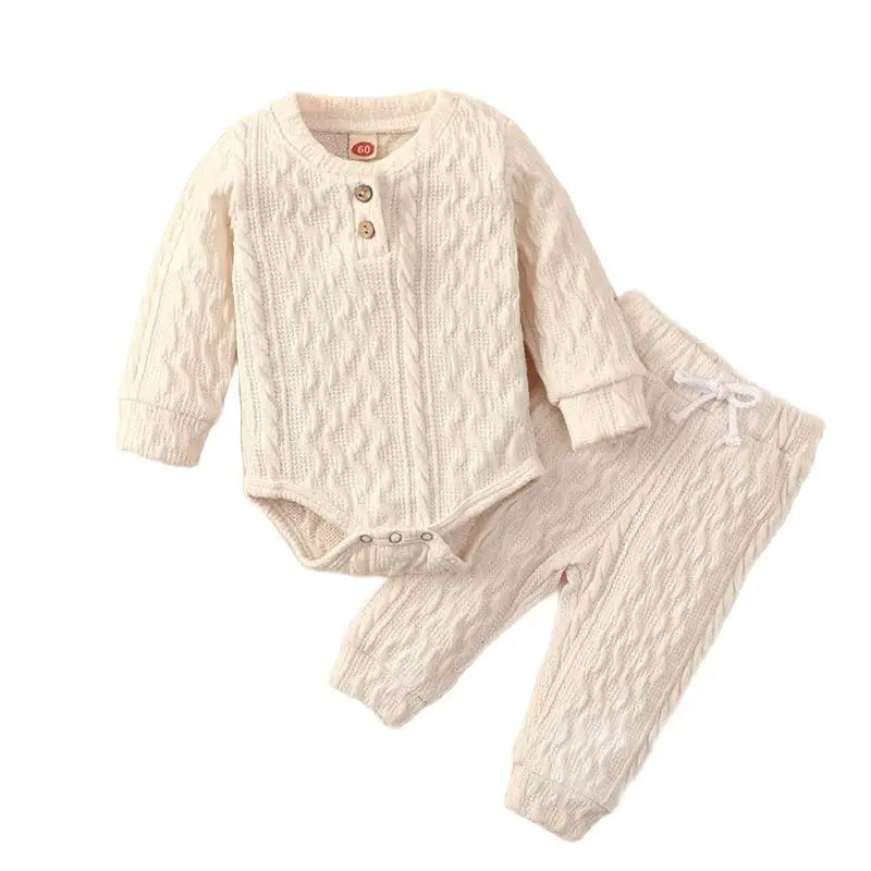 -ベビーセットアップ 2点セット ニット 長袖ロンパース+ロングパンツ 3カラー【mh0006257】 - mamahalo shop - ロンパースセットアップ -  べビー服 - 子供服 - 男の子 - 女の子