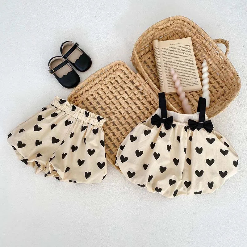 -ベビーセットアップ 2点セット リボンキャミソールバルーンチュニック+バルーンショートパンツ ハートプリント【mh0006333】 - mamahalo shop - ノースリーブセットアップ -  べビー服 - 子供服 - 男の子 - 女の子