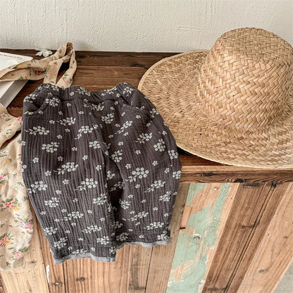 -キッズパンツ サマールーズワイドクロップドパンツ フラワー花柄プリント 2カラー - mamahalo shop - ロングパンツ・スウェットパンツ -  べビー服 - 子供服 - 男の子 - 女の子