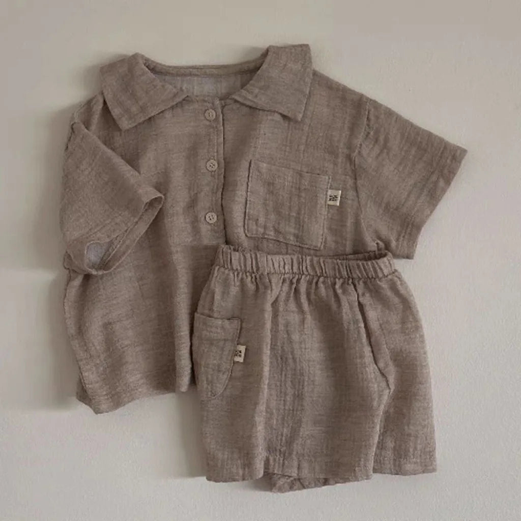 -キッズセットアップ 2点セット 半袖シャツ+ショートパンツ レトロ 無地/チェック 2カラー【mh0005461】 - mamahalo shop - 半袖セットアップ -  べビー服 - 子供服 - 男の子 - 女の子