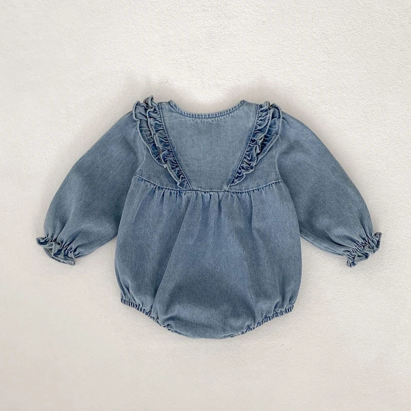-ベビーロンパース デニムフリルアクセント長袖ボディスーツ【mh0006986】 - mamahalo shop - 長袖ロンパース -  べビー服 - 子供服 - 男の子 - 女の子