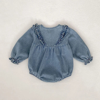 -ベビーロンパース デニムフリルアクセント長袖ボディスーツ【mh0006986】 - mamahalo shop - 長袖ロンパース -  べビー服 - 子供服 - 男の子 - 女の子