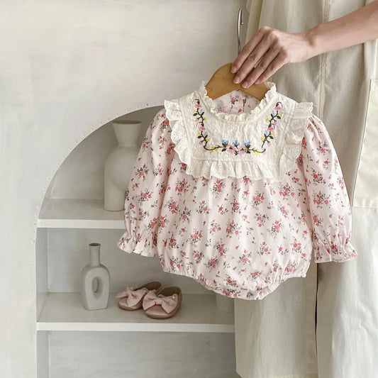 -ベビーロンパース フラワープリント刺繍長袖ボディスーツ ピンク【mh0007383】 - mamahalo shop - 長袖ロンパース -  べビー服 - 子供服 - 男の子 - 女の子