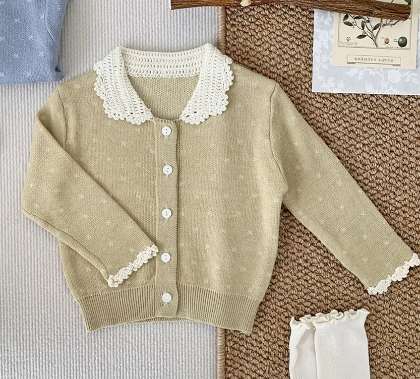 -ベビーキッズカーディガン ニット レース襟トップス ブルー/イエロー/2カラー - mamahalo shop - カーディガン・パーカー -  べビー服 - 子供服 - 男の子 - 女の子