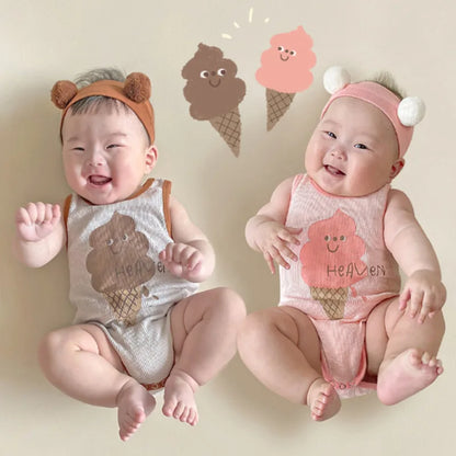 -ベビーロンパース タンク ノースリーブボディスーツ アイスクリームプリント 2カラー - mamahalo shop - ノースリーブロンパース -  べビー服 - 子供服 - 男の子 - 女の子