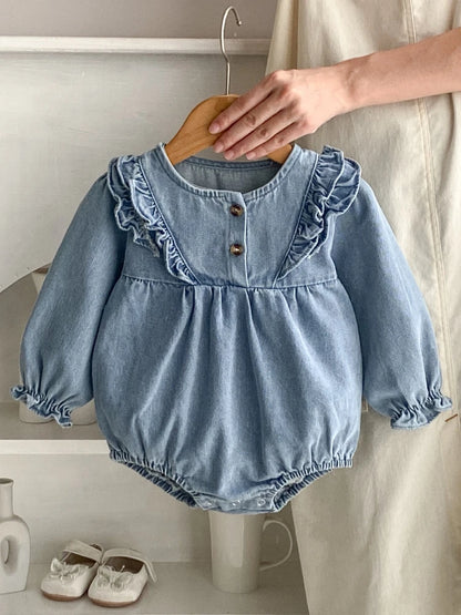 -ベビーロンパース デニムフリルアクセント長袖ボディスーツ【mh0006986】 - mamahalo shop - 長袖ロンパース -  べビー服 - 子供服 - 男の子 - 女の子