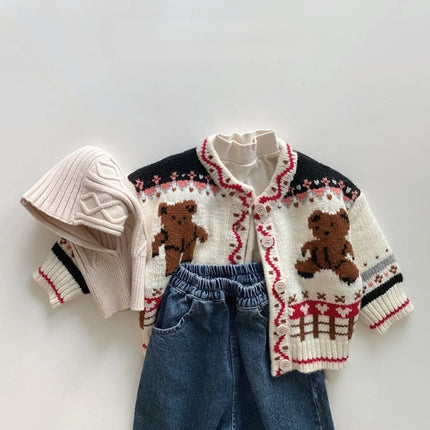 ベビーカーディガン くまベア刺繍 ニットジャケット ブラック ベージュ ユニセックス 男の子 女の子 子供服 - mamahalo shop - カーディガン・パーカー - ベビー服 - 子供服 - 男の子 - 女の子