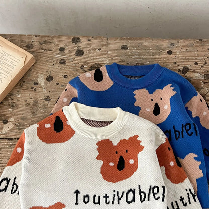 -ベビーセットアップ 2点セット コアラ柄ニット長袖セータートップス+ニットハーフパンツ 2カラー - mamahalo shop - 長袖セットアップ -  べビー服 - 子供服 - 男の子 - 女の子