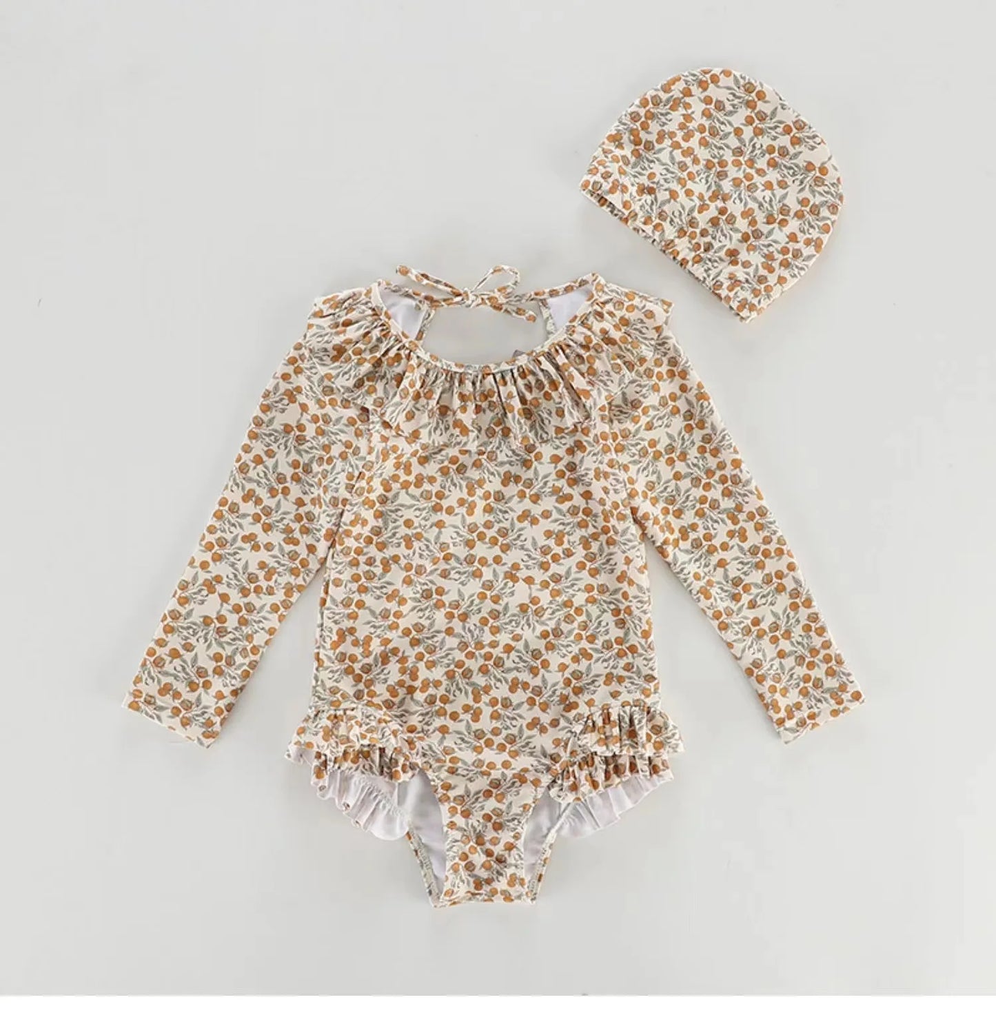 -キッズ水着 帽子セット 長袖ワンピース スイムウェア フリル フラワー花柄プリント 2カラー【mh0004456】 - mamahalo shop - ベビー用水着 -  べビー服 - 子供服 - 男の子 - 女の子