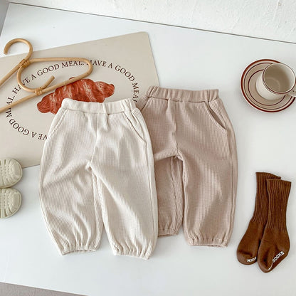 -ベビー ワッフル セットアップ くま ベア 長袖 Tシャツ パンツ ベージュ カーキ ユニセックス - mamahalo shop - 長袖セットアップ -  べビー服 - 子供服 - 男の子 - 女の子