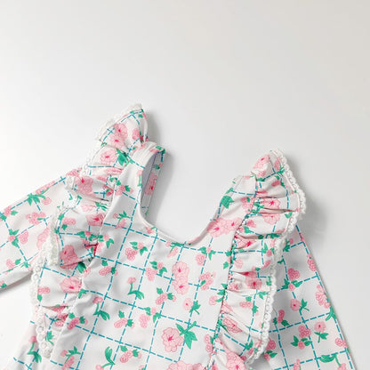 -キッズ 水着 長袖 ワンピース フリル フラワー 花柄 チェック スイムウェア 帽子 セット ガールズ【mh0001992】 - mamahalo shop - ベビー用水着 -  べビー服 - 子供服 - 男の子 - 女の子