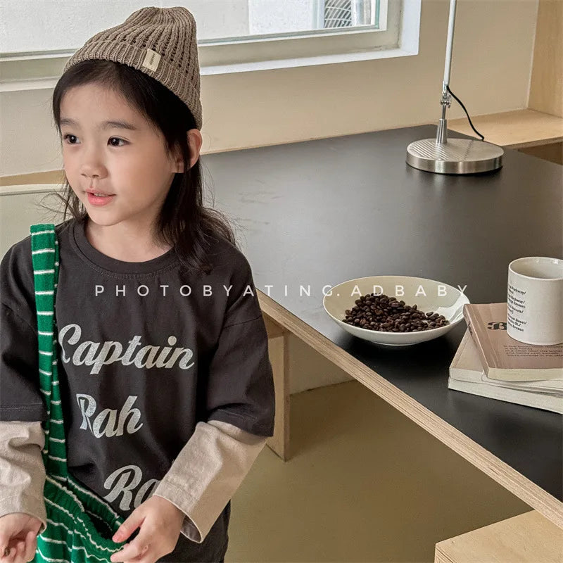 -キッズトップス 袖ドッキングレターロゴプリント長袖Tシャツ 2カラー - mamahalo shop - 長袖Tシャツ -  べビー服 - 子供服 - 男の子 - 女の子