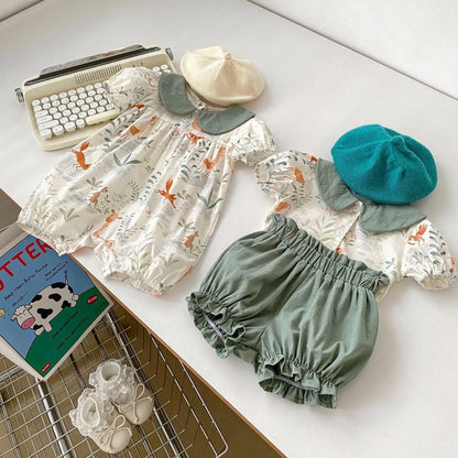 -ベビーロンパース/セットアップ 2点セット 半袖パフスリーブジャンプスーツ/半袖ブラウス+バルーンショートパンツ リンクコーデ 姉妹 お揃いコーデ【mh0004671】 - mamahalo shop - 半袖セットアップ -  べビー服 - 子供服 - 男の子 - 女の子