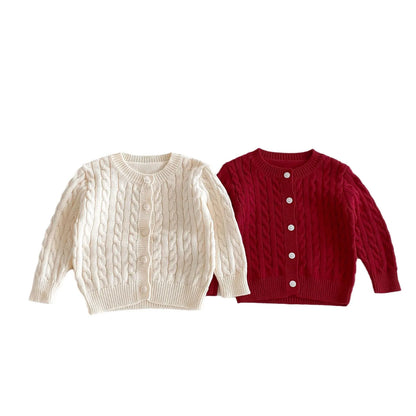 -キッズカーディガン 丸首ニットジャケット アランニット ケーブル編み 2カラー【mh0006657】 - mamahalo shop - カーディガン・パーカー -  べビー服 - 子供服 - 男の子 - 女の子