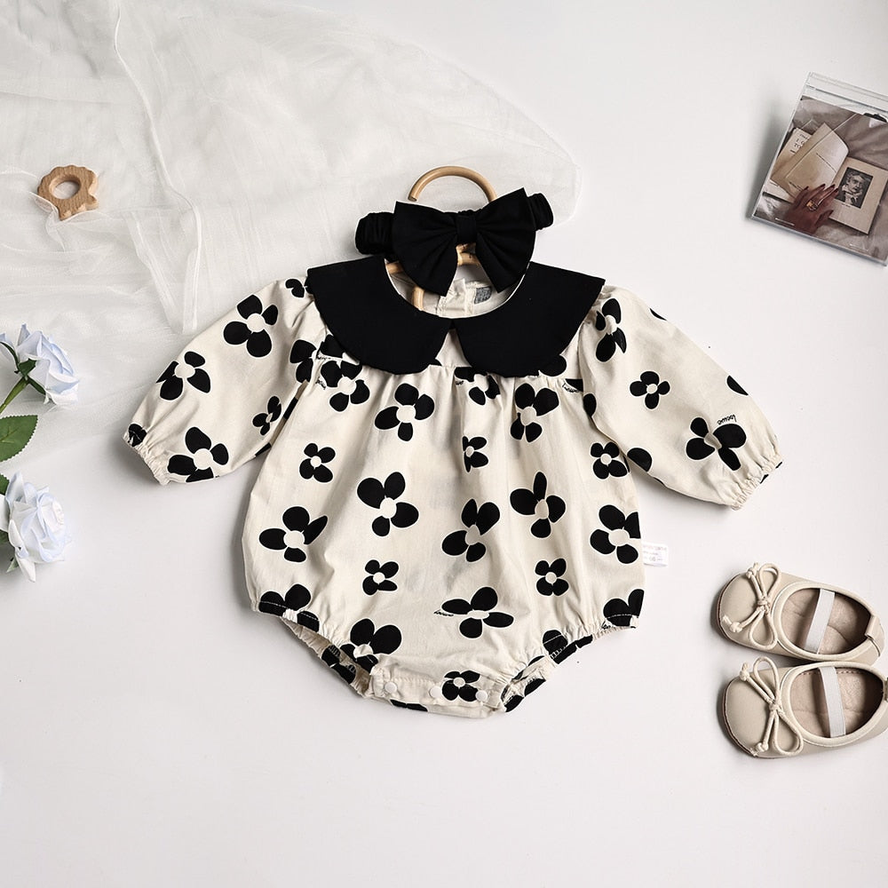 -ベビー服 ロンパース レトロ フラワー 長袖 リボンヘアバンド セット モノトーン 女の子 - mamahalo shop - 長袖ロンパース -  べビー服 - 子供服 - 男の子 - 女の子