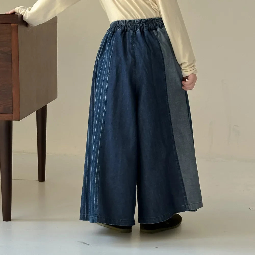 -キッズパンツ パッチワークデニムワイドルーズビッグシルエットパンツ ガウチョパンツ - mamahalo shop - デニムパンツ -  べビー服 - 子供服 - 男の子 - 女の子