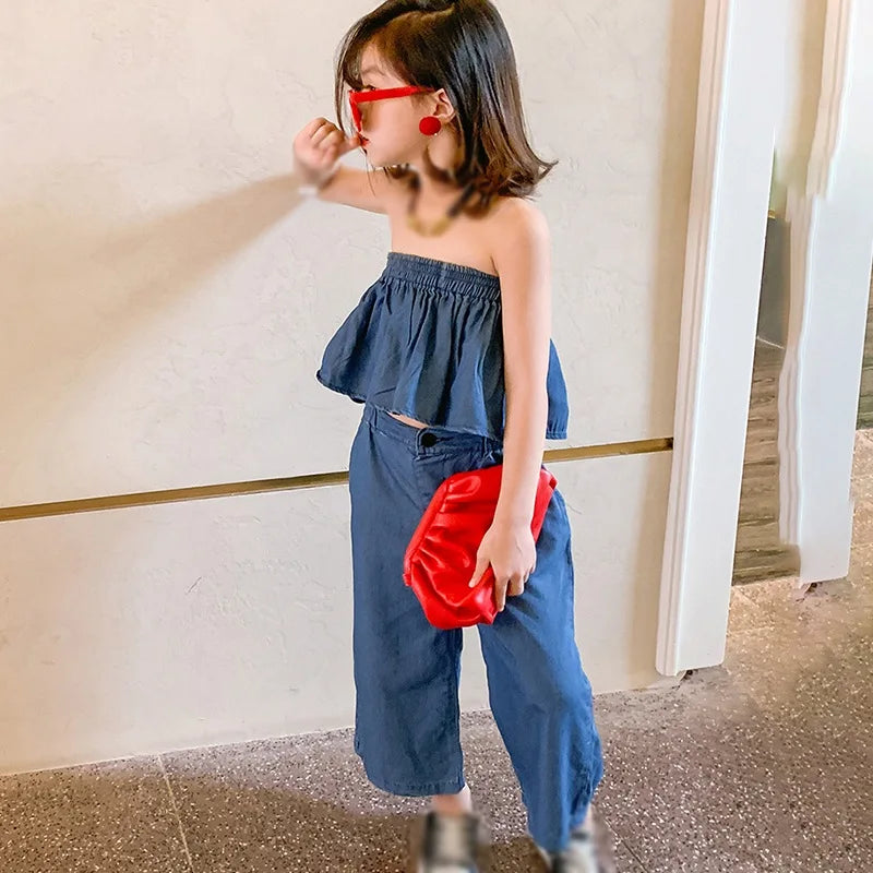 -キッズセットアップ 2点セット デニム オフショルダートップス+ルーズクロップドパンツ【mh0005758】 - mamahalo shop - ノースリーブセットアップ -  べビー服 - 子供服 - 男の子 - 女の子