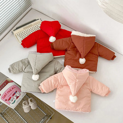 -ベビーアウター とんがり帽子フーディジャケット 裏ボアフリース ぽんぽん付きフードコート 4カラー - mamahalo shop - ショートコート・ジャケット・ジャンパー -  べビー服 - 子供服 - 男の子 - 女の子