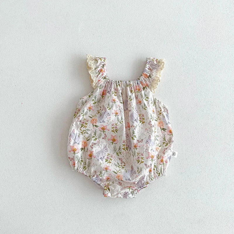 -ベビーロンパース ノースリーブフリルボディスーツ バンビ鹿フラワー花柄プリント【mh0004956】 - mamahalo shop - ノースリーブロンパース -  べビー服 - 子供服 - 男の子 - 女の子