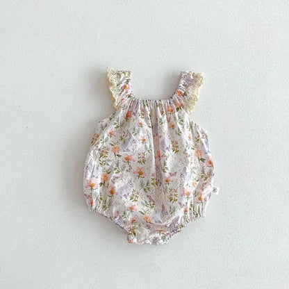 -ベビーロンパース ノースリーブフリルボディスーツ バンビ鹿フラワー花柄プリント【mh0004956】 - mamahalo shop - ノースリーブロンパース -  べビー服 - 子供服 - 男の子 - 女の子