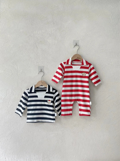 -ベビートップス ベアくまワッペンボーダー長袖ラガーシャツ 2カラー【mh0007070】 - mamahalo shop - 長袖Tシャツ -  べビー服 - 子供服 - 男の子 - 女の子