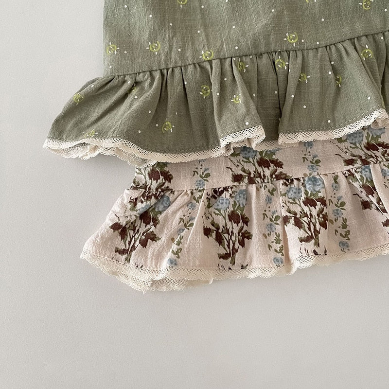 -ベビー セットアップ フラワー 小花柄 フリル キャミソール チュニックブラウス ブルマパンツ ベージュ グリーン ガールズ【mh0002257】 - mamahalo shop - ノースリーブセットアップ -  べビー服 - 子供服 - 男の子 - 女の子