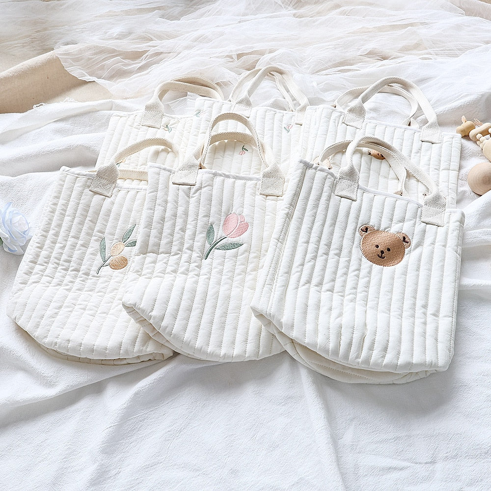 -キルティング 刺繍 バケツ バック ママバッグ くま オリーブ チューリップ - mamahalo shop - マザーズバッグ -  べビー服 - 子供服 - 男の子 - 女の子