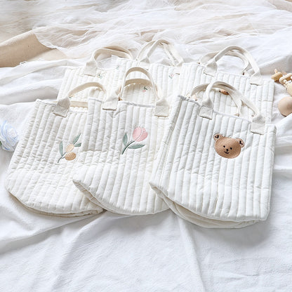 -キルティング 刺繍 バケツ バック ママバッグ くま オリーブ チューリップ - mamahalo shop - マザーズバッグ -  べビー服 - 子供服 - 男の子 - 女の子