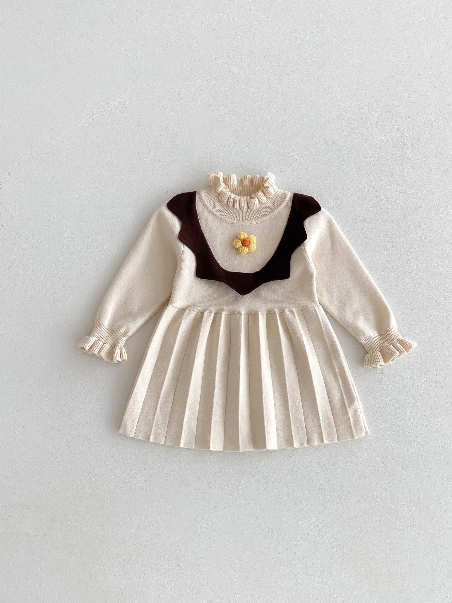 -ベビーキッズワンピース ニットフラワー長袖ワンピース 2カラー - mamahalo shop - 長袖ワンピース -  べビー服 - 子供服 - 男の子 - 女の子