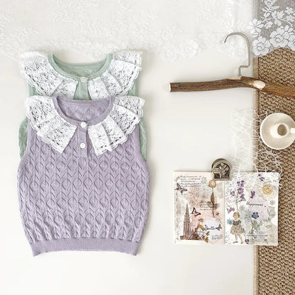 -ベビーキッズトップス レースニット ノースリーブ レース襟 カットソー 2カラー【mh0005302】 - mamahalo shop - タンクトップ・キャミソール・ノースリーブトップス -  べビー服 - 子供服 - 男の子 - 女の子