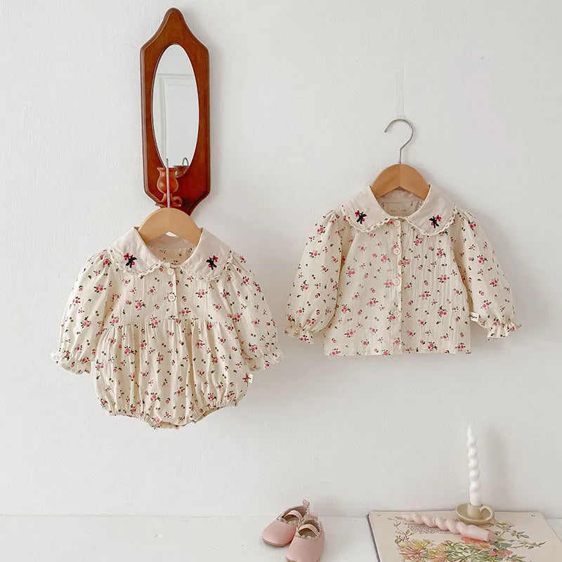 -ベビーロンパース/トップス 長袖 フラワー小花柄プリント刺繍【mh0006459】 - mamahalo shop - 長袖ロンパース -  べビー服 - 子供服 - 男の子 - 女の子