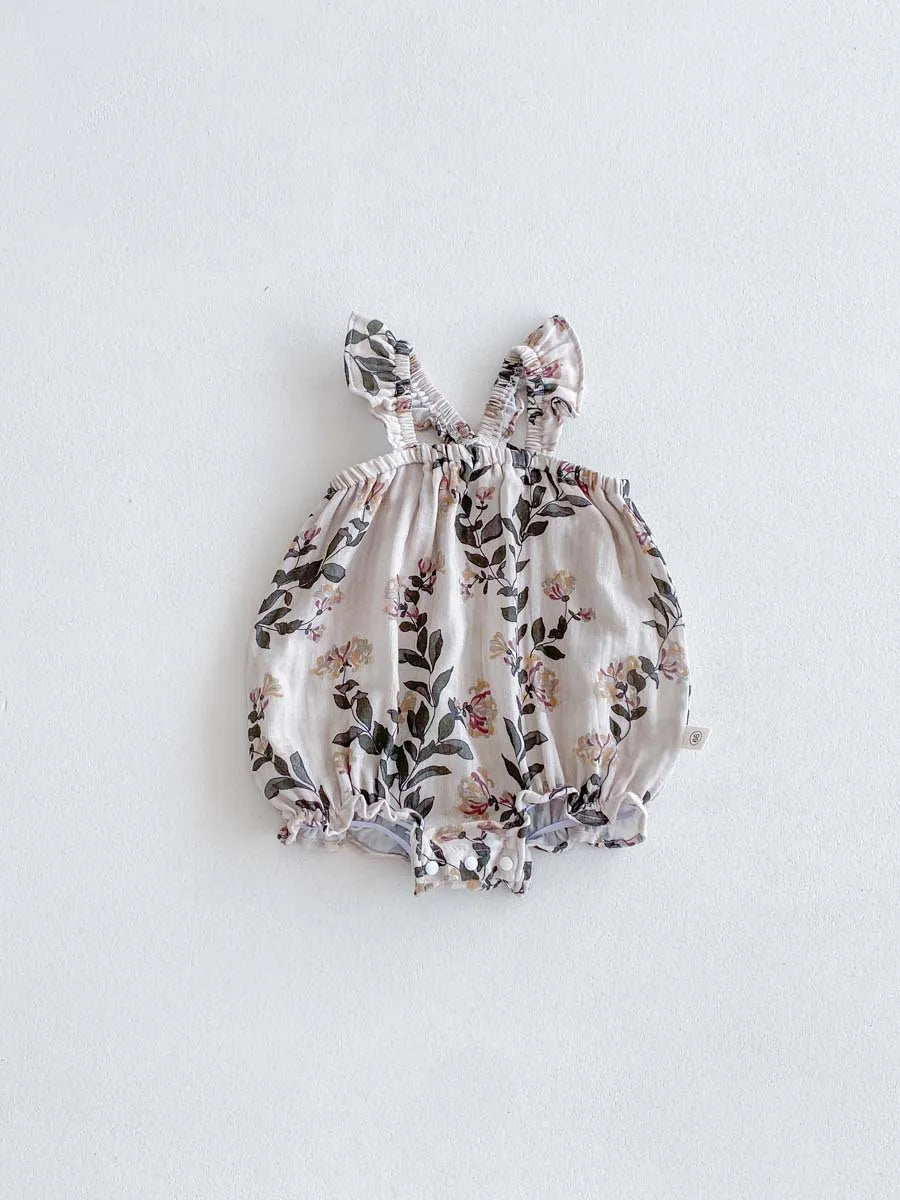 -ベビーロンパース フリルサスペンダーボディスーツ フラワー花柄プリント【mh0006193】 - mamahalo shop - ノースリーブロンパース -  べビー服 - 子供服 - 男の子 - 女の子