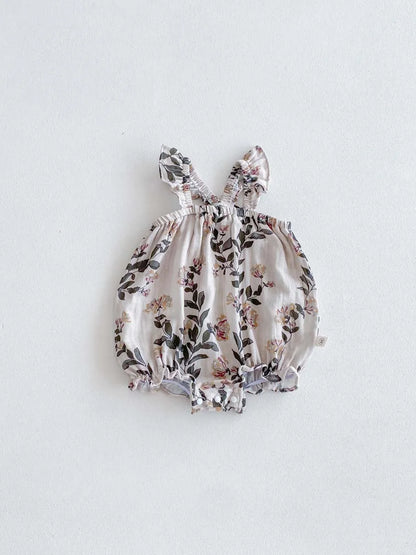 -ベビーロンパース フリルサスペンダーボディスーツ フラワー花柄プリント【mh0006193】 - mamahalo shop - ノースリーブロンパース -  べビー服 - 子供服 - 男の子 - 女の子