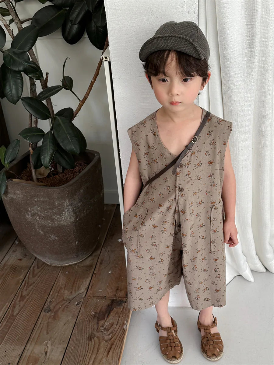 -キッズジャンプスーツ ノースリーブルーズショートつなぎ フラワー花柄プリント 2カラー【mh0006012】 - mamahalo shop - ノースリーブジャンプスーツ -  べビー服 - 子供服 - 男の子 - 女の子