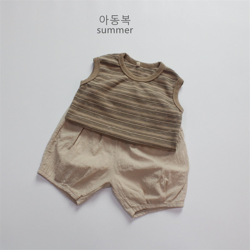 -キッズ ボーダー タンクトップ ノースリーブ Tシャツ ベージュ コーヒーブラウン ユニセックス【mh0001983】 - mamahalo shop - タンクトップ・キャミソール・ノースリーブトップス -  べビー服 - 子供服 - 男の子 - 女の子