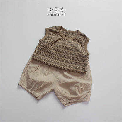 -キッズ ボーダー タンクトップ ノースリーブ Tシャツ ベージュ コーヒーブラウン ユニセックス【mh0001983】 - mamahalo shop - タンクトップ・キャミソール・ノースリーブトップス -  べビー服 - 子供服 - 男の子 - 女の子