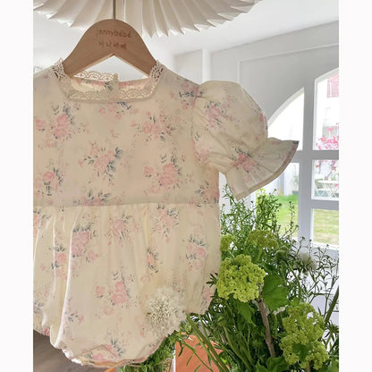 -ベビーロンパース 半袖パフスリーブボディスーツ フラワー花柄プリント【mh0006062】 - mamahalo shop - 半袖ロンパース -  べビー服 - 子供服 - 男の子 - 女の子