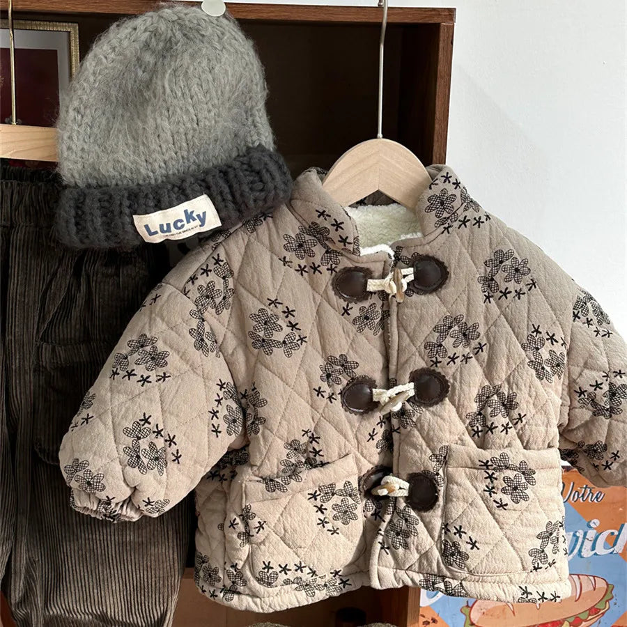 -キッズアウター 花柄フラワープリント 裏ボアフリースキルティングジャケット  ダッフルコート - mamahalo shop - ショートコート・ジャケット・ジャンパー -  べビー服 - 子供服 - 男の子 - 女の子