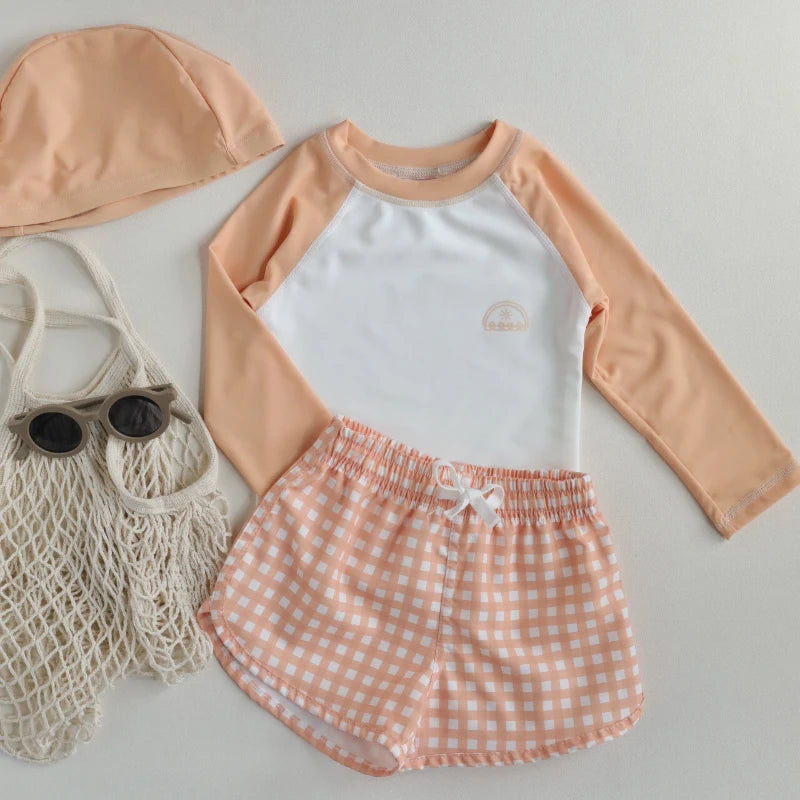 -キッズ水着 ボーイズ 長袖 セパレート トップス+パンツ ストライプ/チェック スイムウェア【mh0005994】 - mamahalo shop - ベビー用水着 -  べビー服 - 子供服 - 男の子 - 女の子