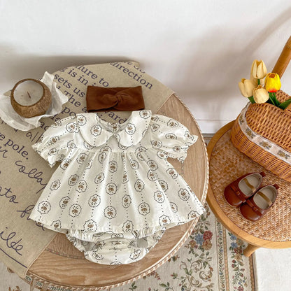 -☺︎ ベビーセットアップ 2点セット 半袖丸襟パプスリーブチュニックブラウス+ブルマパンツ フラワー花柄/チェックプリント - mamahalo shop - 半袖セットアップ -  べビー服 - 子供服 - 男の子 - 女の子