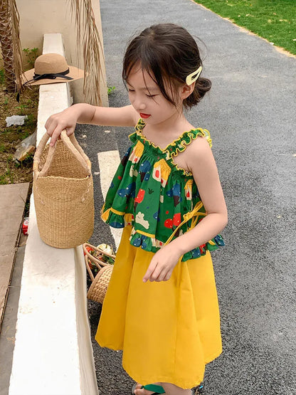 -キッズセットアップ 2点セット キャミソールチュニックブラウス+ワイドルーズガウチョパンツ メルヘンプリント【mh0006167】 - mamahalo shop - ノースリーブセットアップ -  べビー服 - 子供服 - 男の子 - 女の子